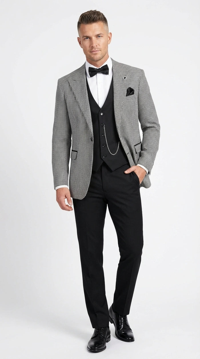 Men’s Black and White Houndstooth Gatsby Inspired Suit – Vintage Style Formal Suit for Wedding, Prom and Classic Events Blazer + Black vest + Black Pants