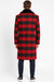 Mens Red and Black Plaid Wool Overcoat with Black Faux Fur Shawl Collar – Double-Breasted Winter Coat - Tartan Design
