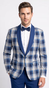 Men’s Tartan Blue Plaid and Solid Blue Tuxedo – Modern Check Pattern Formal Suit for New Year - Christmas - Holiday Jacket with Pants