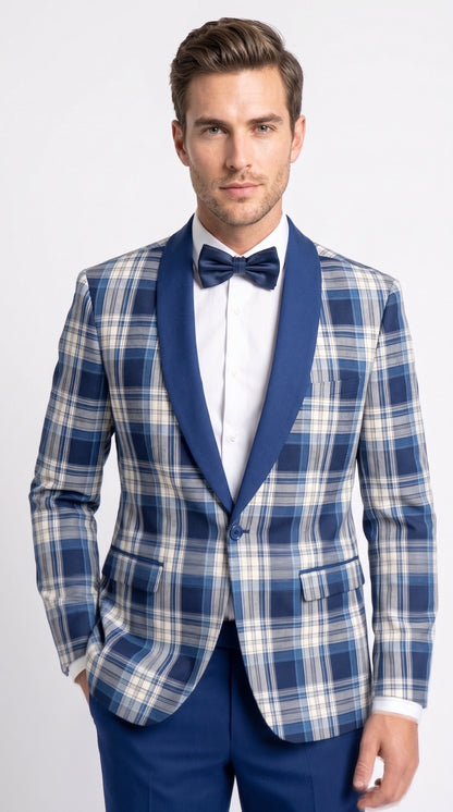 Men’s Tartan Blue Plaid and Solid Blue Tuxedo – Modern Check Pattern Formal Suit for New Year - Christmas - Holiday Jacket with Pants