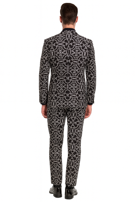 Men’s Black and Silver Sequin Tuxedo – Slim Fit 2-Piece Party and Wedding Suit with Sparkling Design- Black and White Color