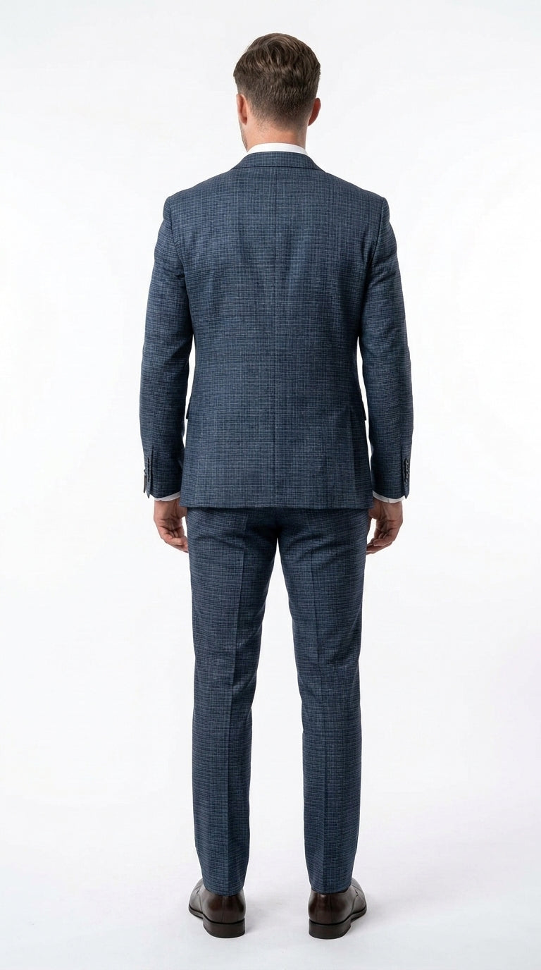 Men's Blue Micro Check Hounstooth small windowpane plaid  3-Piece Suit – Vested Slim Fit Business, Wedding & Formal Suit