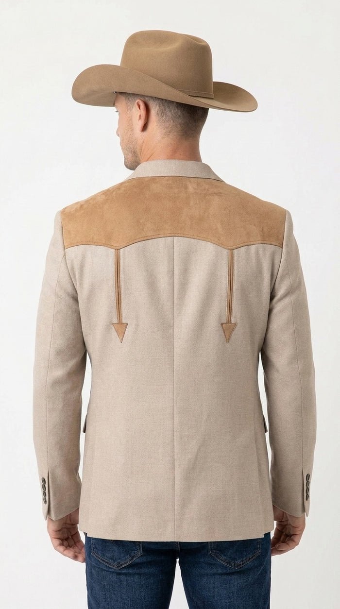 Men’s Khaki Western Blazer – Cowboy Sport Coat with Suede Yoke Detail