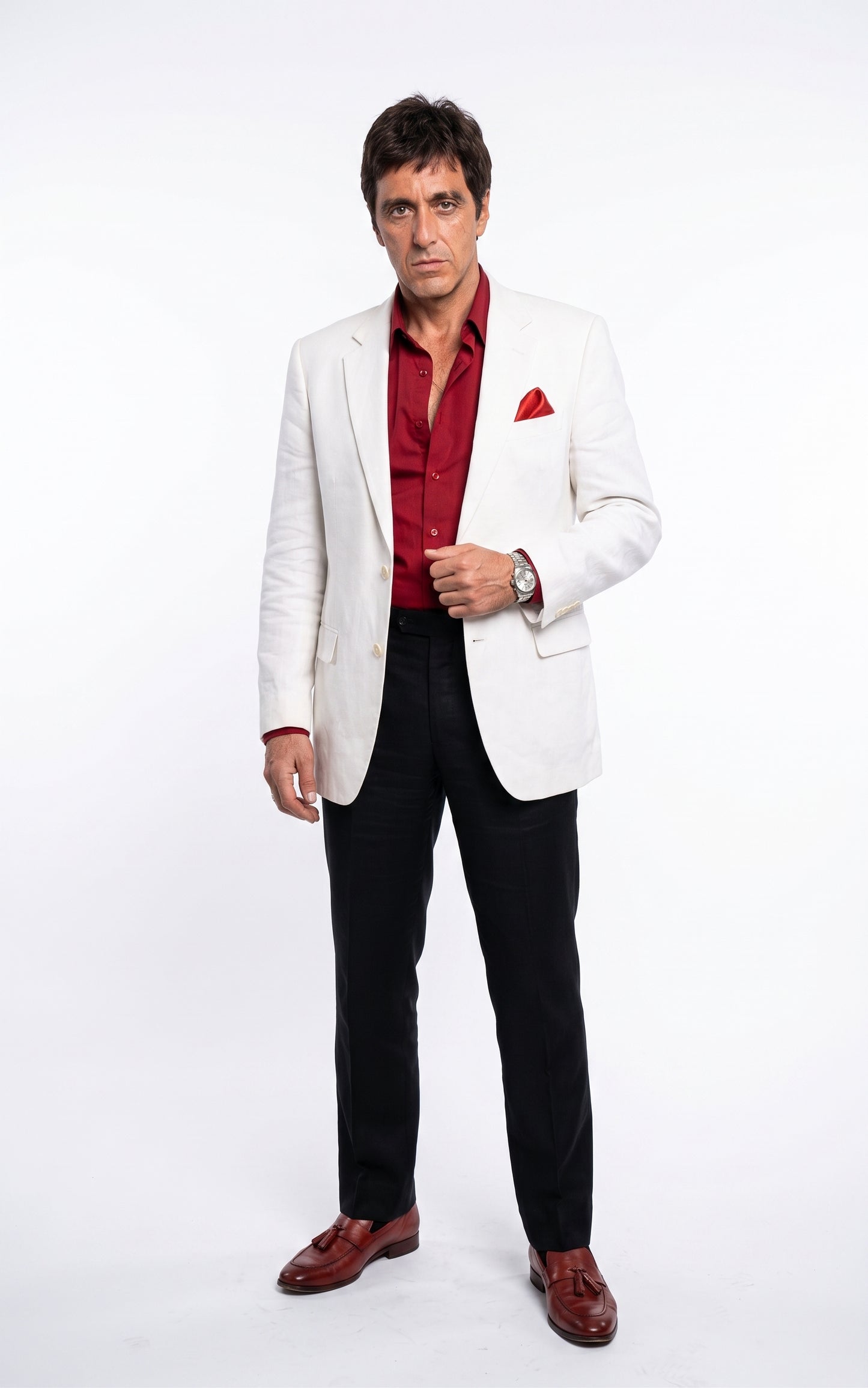 Tony Montana’s White Blazer Red Shirt Black Pants – Men’s White Blazer Outfit with Red Shirt and Black Trousers for Party, Wedding and Vintage Style Wear