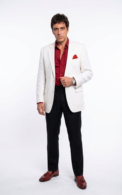 Tony Montana’s White Blazer Red Shirt Black Pants – Men’s White Blazer Outfit with Red Shirt and Black Trousers for Party, Wedding and Vintage Style Wear