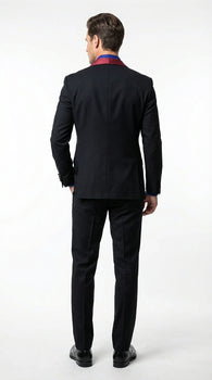 Men’s Black Suit with Burgundy Shawl Lapel –  Formal Tuxedo Suit for Wedding, Prom and Evening Events + Bowtie & Tie