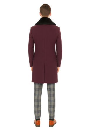 Mens Purple Pimp Coat - Overcoat with Black Faux Fur Collar – Luxury Winter Dress Coat for Formal and Casual Wear
