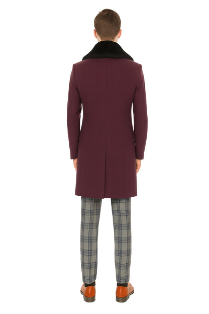 Mens Purple Pimp Coat - Overcoat with Black Faux Fur Collar – Luxury Winter Dress Coat for Formal and Casual Wear