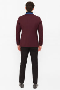 Mens Burgundy Tuxedo Dinner Jacket Blazer with Blue Satin Shawl Lapel  Wedding and Party Jacket