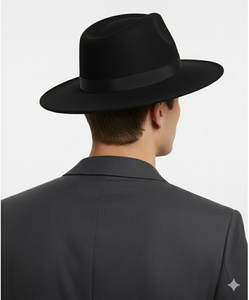 Men’s Black Wide Brim Fedora Hat – Classic Wool Felt Dress Hat with Matching Black Band