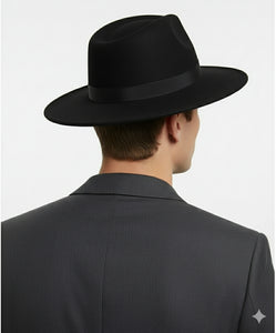 Men’s Black Wide Brim Fedora Hat – Classic Wool Felt Dress Hat with Matching Black Band