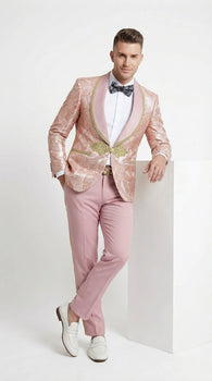 Men’s Rose Gold Pink Prom Tuxedo Suit – Slim Fit Paisley Pattern Formal Tuxedo Suit for Prom, Wedding and Special Events