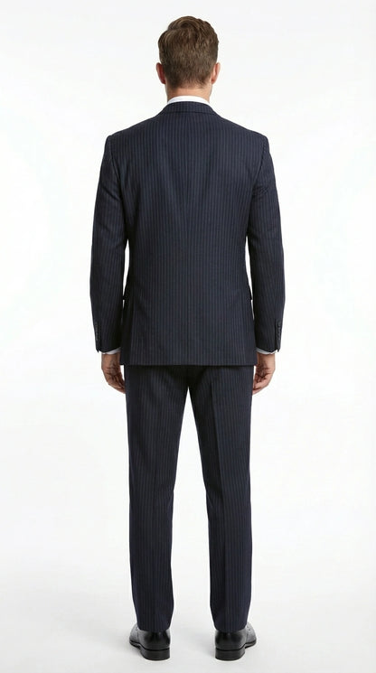 Italian Made By Statment - 100% Wool Fabric Super 150's  Banker Pinstripe in Navy Charcoal Black 2 Button Suit Modern Fit 2 Buttons Notch Lapel
