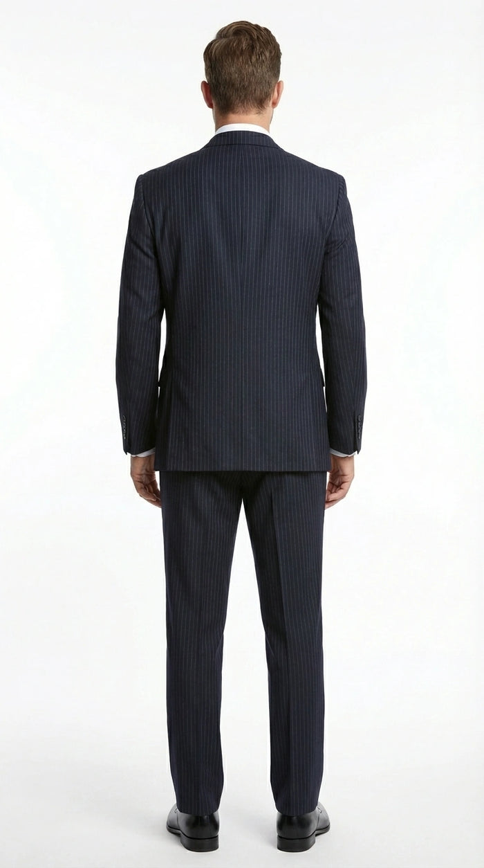 Italian Made By Statment - 100% Wool Fabric Super 150's  Banker Pinstripe in Navy Charcoal Black 2 Button Suit Modern Fit 2 Buttons Notch Lapel