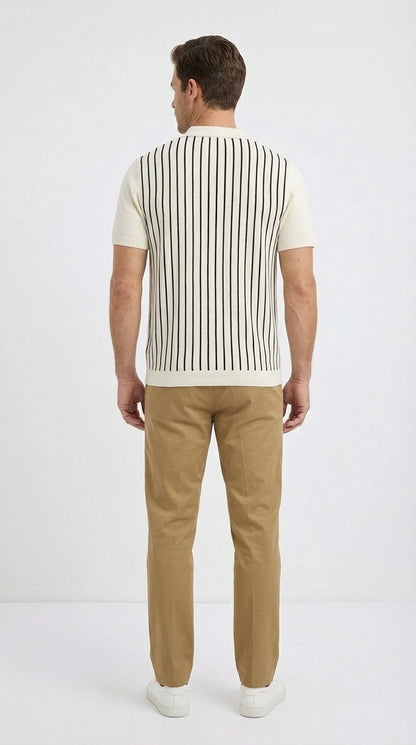 Mens Cream and Tan Striped Walking Suit plus Matching Pants  – Casual Summer Short Sleeve Shirt and Pants Outfit for Vacation, Travel and Everyday Wear