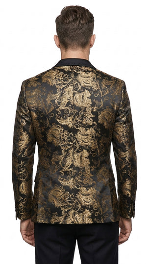 Men’s Black & Gold Paisley Tuxedo Jacket – Luxury Floral Formal Dinner Blazer Black Pants