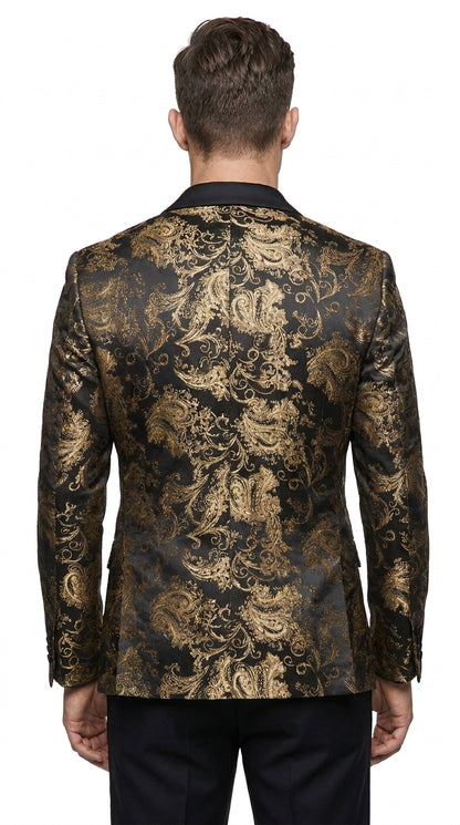 Men’s Black & Gold Paisley Tuxedo Jacket – Luxury Floral Formal Dinner Blazer Black Pants