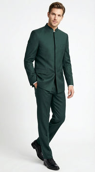 Men’s Olive Green Tuxedo Mandarin Collar Suit – Modern Nehru Style Formal Suit for Wedding Banded Collar