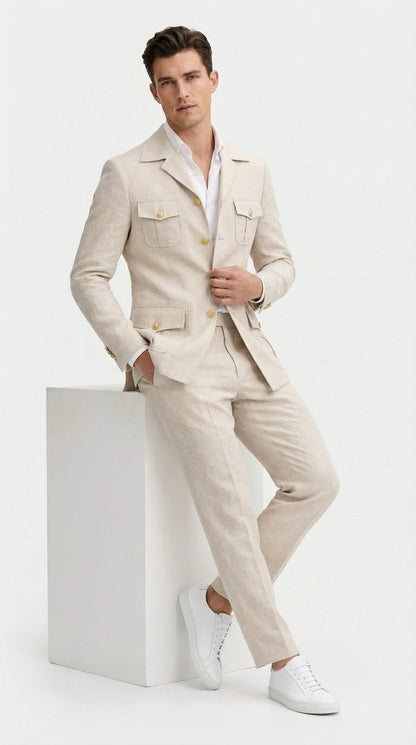 Mens Tan Beige Safari Military Walking Suit Set – Casual Two Piece Outfit Lightweight Summer Blazer and Pants Set Classic Casual Wear
