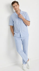 Mens Light Blue Seersucker Walking Suit Set – Casual Summer Short Sleeve Outfit with Matching Pants Lightweight Two Piece Set