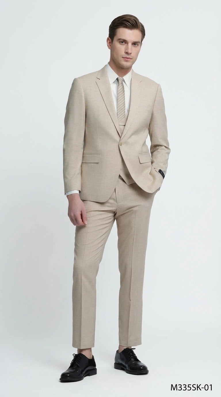 Mens Sand Beige 3 Piece Suit – Double breasted Vest Formal Suit Set  and Dress Pants in Champaign Natural Summer Color Modern Fit