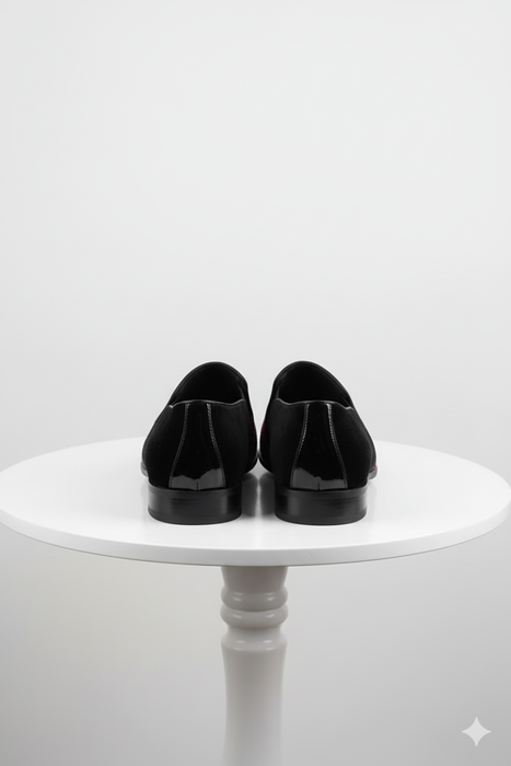 Men’s Red Glitter Tuxedo Loafers – Shiny Slip-On Dress Shoes with Black Patent Toe for Parties and Formal Events