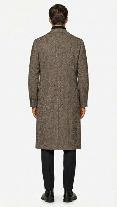 Men’s Black & Grey  Herringbone Tweed Wool Blend Overcoat – Classic Single-Breasted Winter Blazer Carcoat