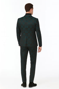 Men’s Emerald Green Floral Jacquard 3-Piece Tuxedo Suit – Slim Fit Formal Set with Blazer, Vest, and Pants Paisley Fabric - Ultra slim fitted