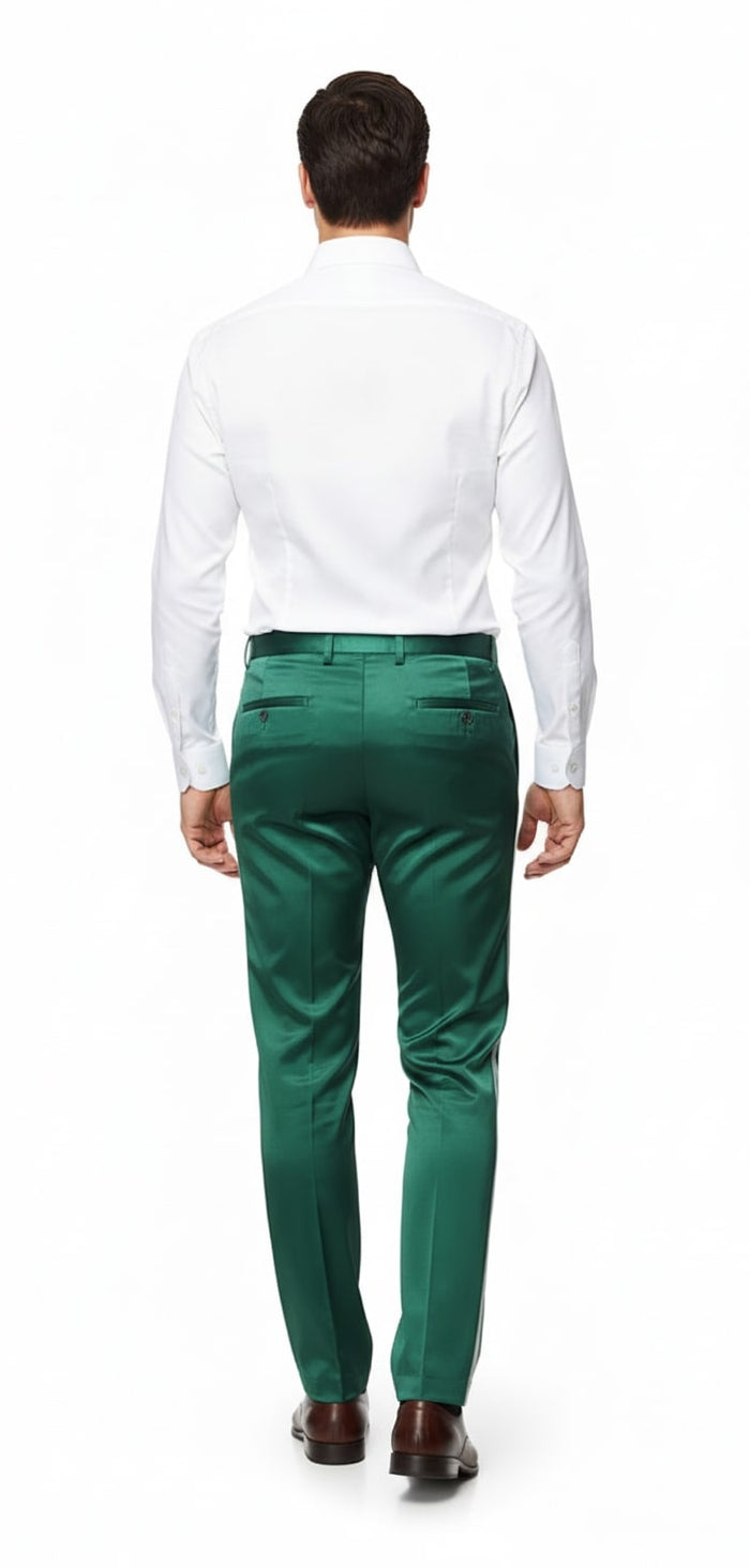 Mens Emerald Green Satin Slim Fit Dress Pants – Shiny Formal Party and Wedding Trousers - Image 2