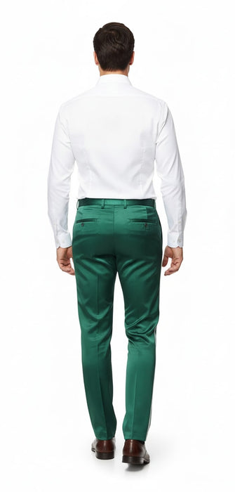 Mens Emerald Green Satin Slim Fit Dress Pants – Shiny Formal Party and Wedding Trousers