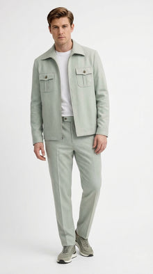 Mens Sage Green Walking Suit Set – Casual Safari Military Jacket and Pants Outfit for Travel