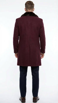 Men’s Burgundy Three Quarter Coat with Faux Fur Collar Overcoat – Luxury Winter Outerwear Three Quarter Carcoat Topcoat