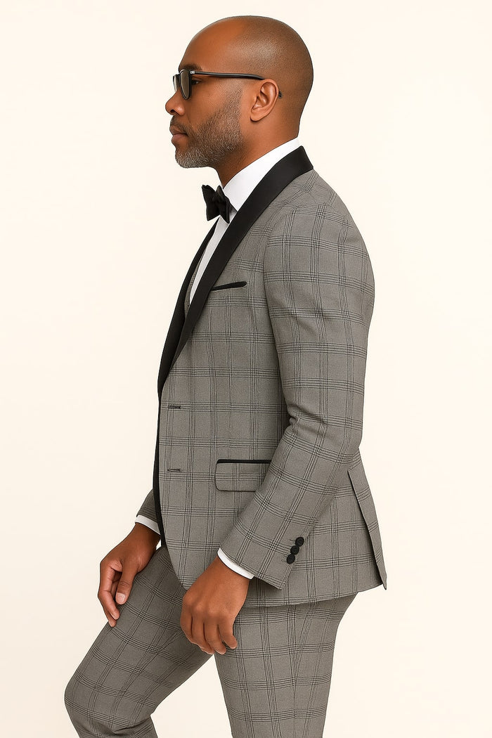 Men's Black and White Plaid Tuxedo – 3 Piece Suit with Black Velvet Shawl Lapel - Gray Glein Tartan Pattern Wedding Suit - Image 2
