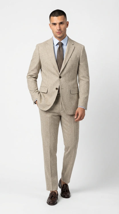Men’s Light Tan Tweed Suit – Classic Beige Two Piece Suit, Herringbone Formal Wear, Vintage Style Business & Wedding Outfit for Men