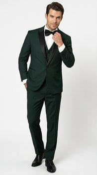 Men’s Hunter Green Tuxedo Suit 3 Piece – One Button Peak Lapel Designer Formal Suit for Wedding,  Light Weight Wool By Statement Dark Green