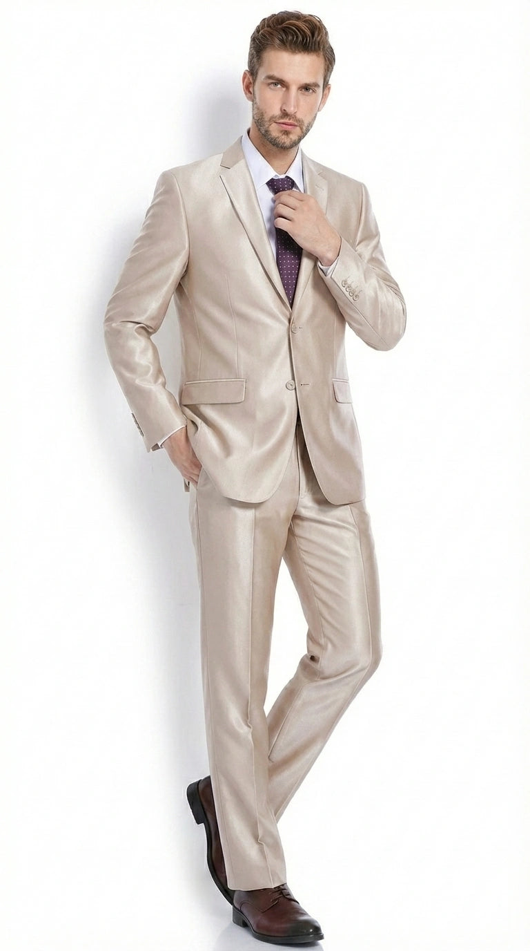Men’s Champagne Tan Sharkskin 2 Button Suit – Shiny Formal Suit with Optional Vest for Wedding, Prom, Business Beige Color Modern Fit