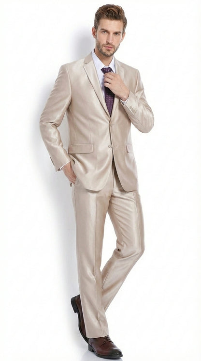 Men’s Champagne Tan Sharkskin 2 Button Suit – Shiny Formal Suit with Optional Vest for Wedding, Prom, Business Beige Color Modern Fit