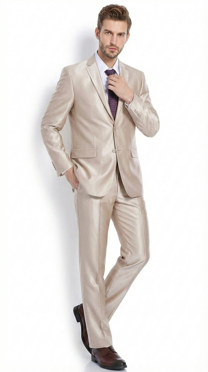 Men’s Champagne Tan Sharkskin 2 Button Suit – Shiny Formal Suit with Optional Vest for Wedding, Prom, Business Beige Color Modern Fit