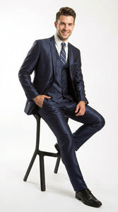 Men’s Navy Blue Sharkskin 3 Piece Suit – Two Button Vested Shiny Formal Suit for Wedding, Prom, Business and Party Wear