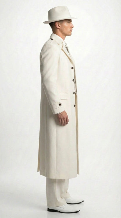 Men’s Ivory Cream Off White  Full Length Zoot Suit – Vintage Gangster Style Long Coat Formal Suit