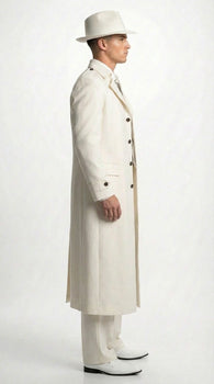 Men’s Ivory Cream Off White  Full Length Zoot Suit – Vintage Gangster Style Long Coat Formal Suit