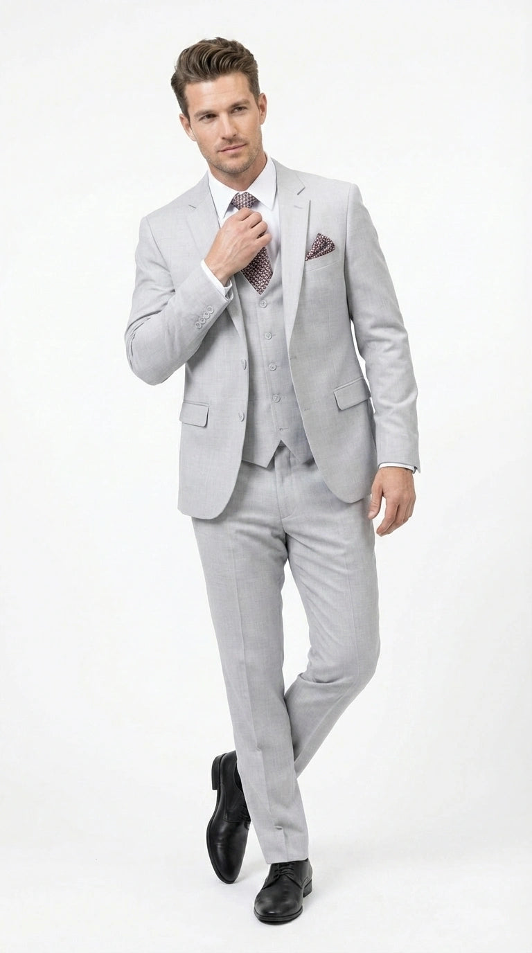 Men’s Light Grey Sharkskin 3 Piece Suit – Two Button Vested Modern Formal Business Suit for Wedding in silver Ice Gray Modern Fit