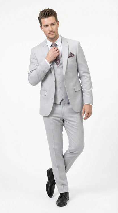 Men’s Light Grey Sharkskin 3 Piece Suit – Two Button Vested Modern Formal Business Suit for Wedding in silver Ice Gray Modern Fit