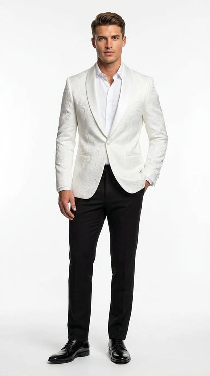 Men’s White Paisley Disco Blazer 1980s Style Jacket – Shawl Lapel Formal Party Blazer, Elegant Masquerade Club Wear, Stylish Evening Outfit