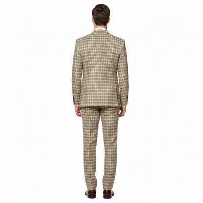 Men’s Beige and Navy Check 3-Piece Suit Set – Premium Tailored Fit Formal Wedding and Business Suit By Rossiman