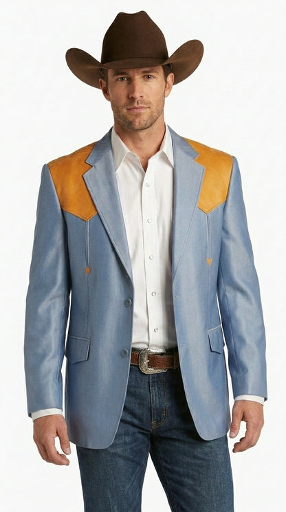 Men’s Sky Blue and Gold Western Cowboy Blazer – Classic Country Style Jacket, Retro in Steel Blue Color