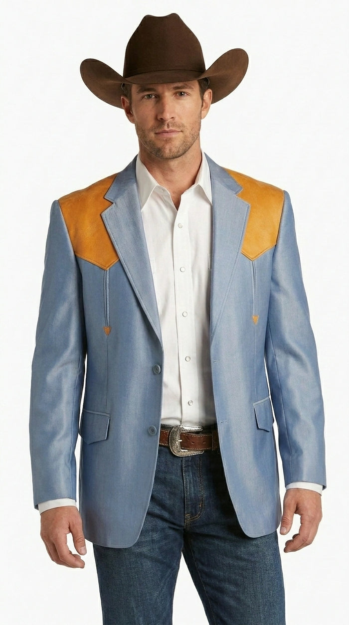 Men’s Sky Blue and Gold Western Cowboy Blazer – Classic Country Style Jacket, Retro in Steel Blue Color