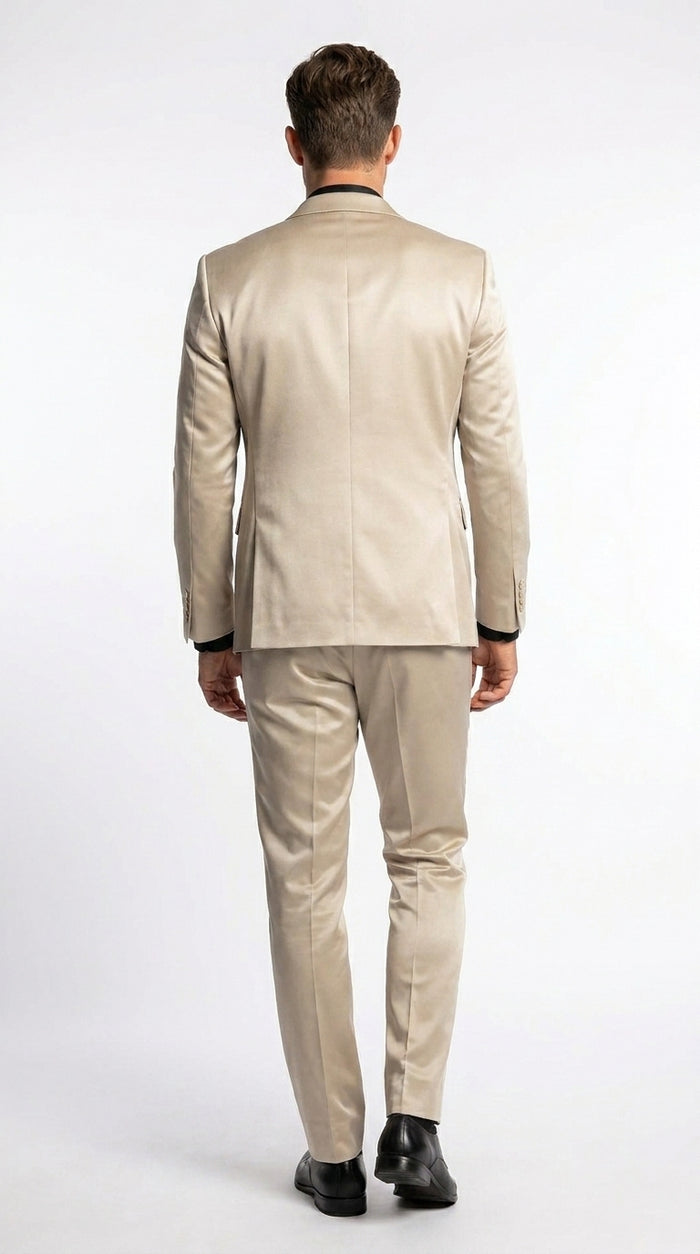 Mens 3-Piece Slim-Fit Shiny All Satin Suit Champagne