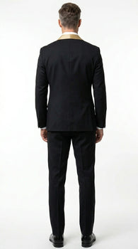 Men’s Black Suit with Gold Lapel – Luxury Formal Tuxedo Style Suit for Wedding, Prom, Party and Evening Wear