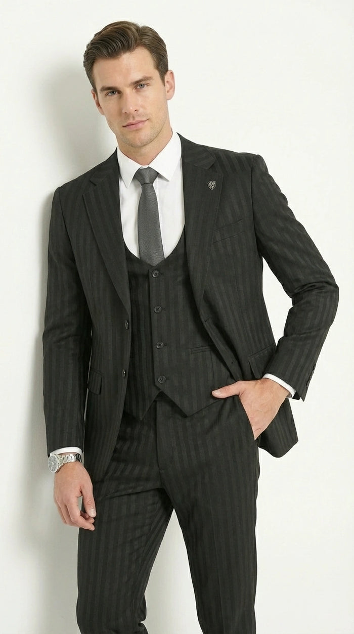 Men’s Black Pinstripe 3 Piece Suit – Vested Formal Business Suit for Wedding, Office, Prom and Party Wear Modern Fit